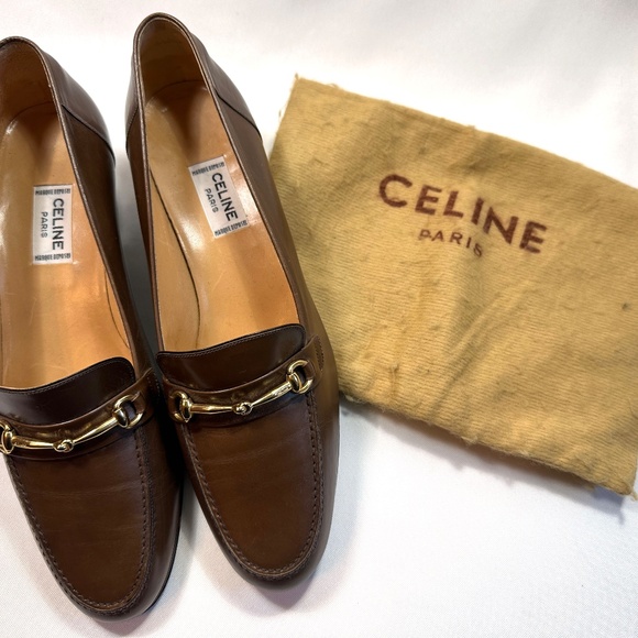Vintage CELINE Brown Leather Loafer Pumps Gold Hardware Size 37.5 (37-1/2) US-7 - Picture 5 of 16